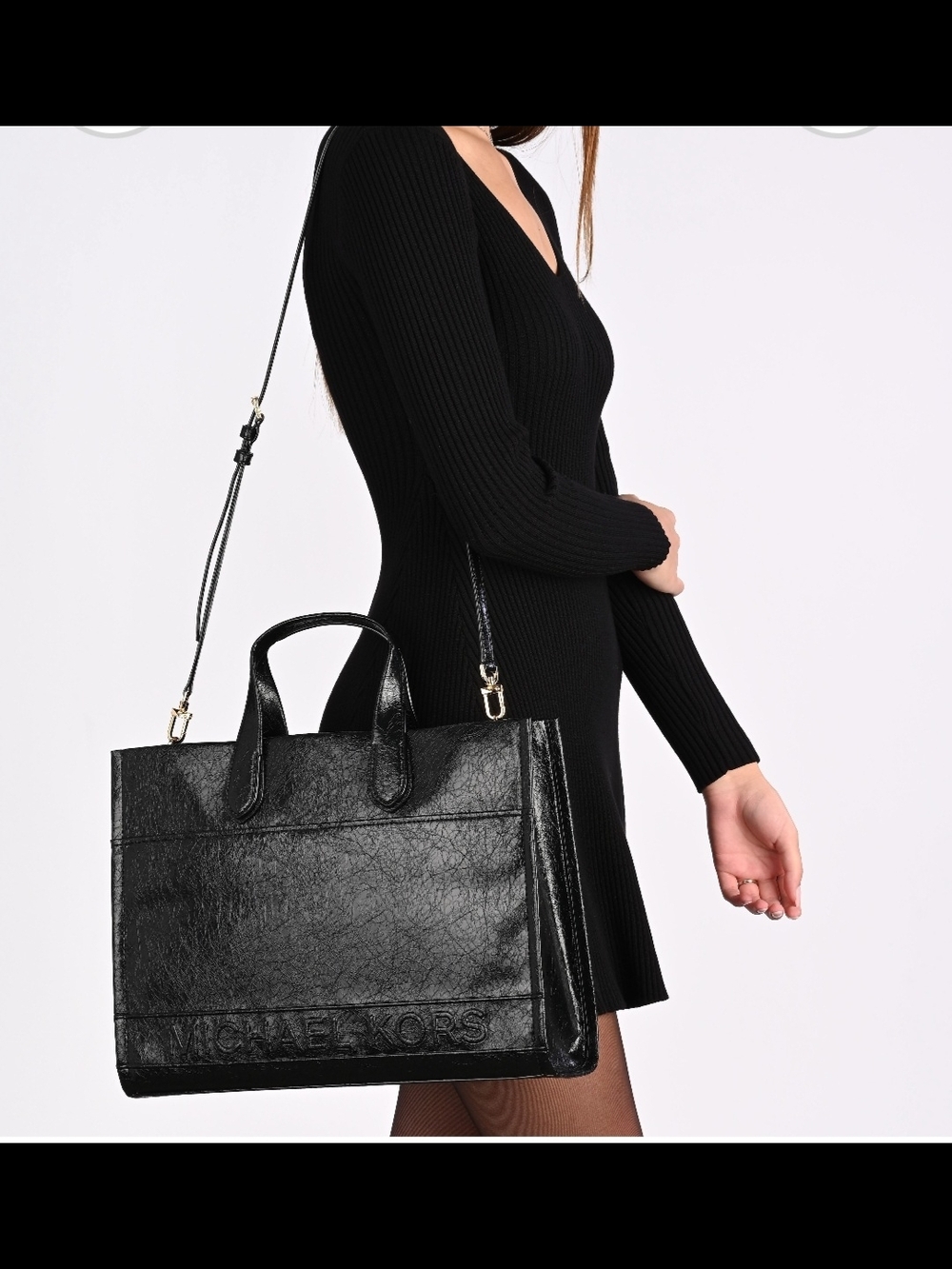 MICHAEL KORS Black Crinkled Leather Tote with Detachable Strap 🖤🖤